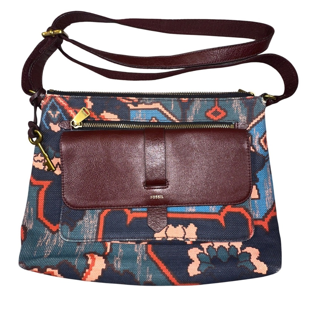 Fossil Crossbody Bag Tapestry Ikat Geometric Woven Fabric Leather Trim Burgundy